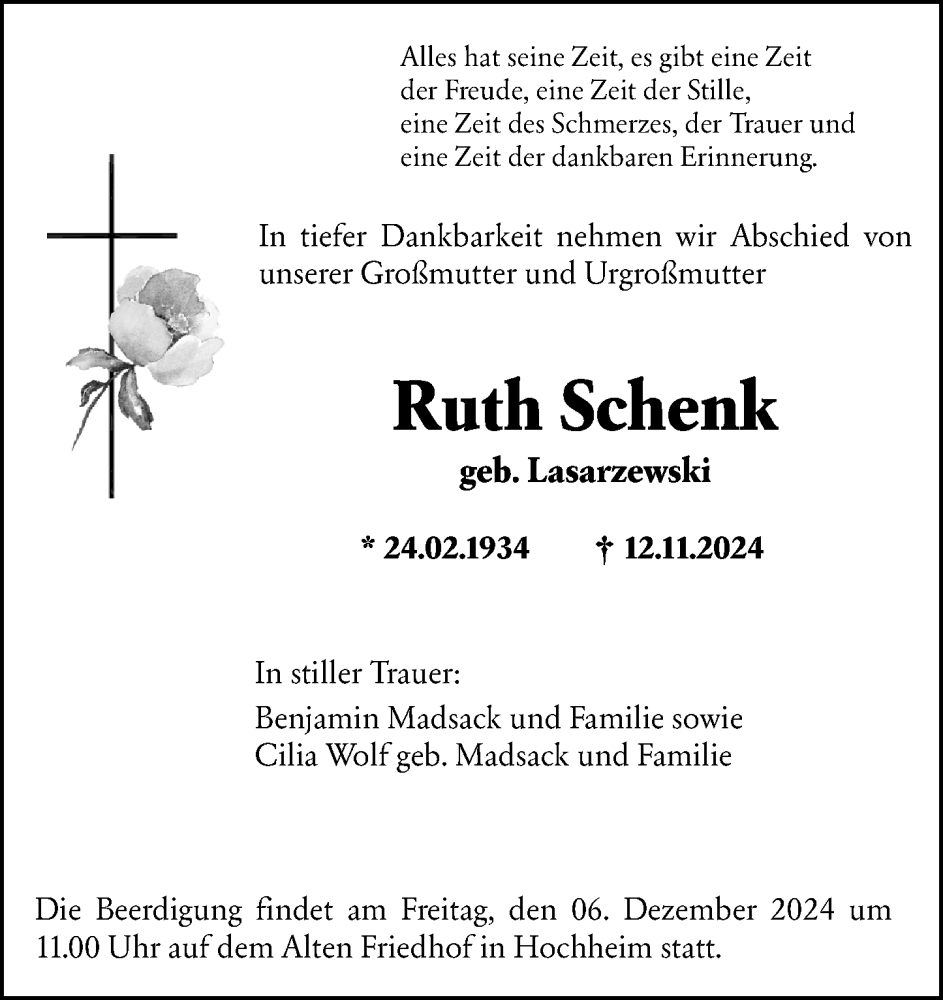  Traueranzeige für Ruth Schenk vom 29.11.2024 aus Hochheimer Zeitung
