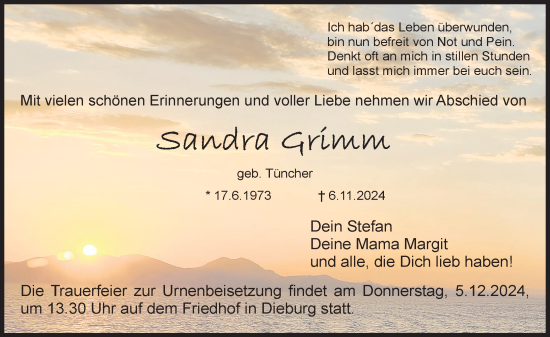 Traueranzeige von Sandra Grimm von Dieburger Anzeiger/Groß-Zimmerner Lokal-Anzeiger