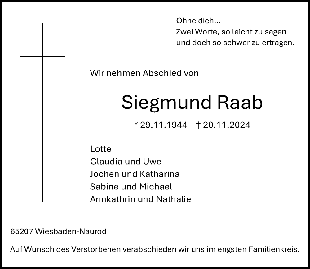  Traueranzeige für Siegmund Raab vom 23.11.2024 aus Wiesbadener Kurier