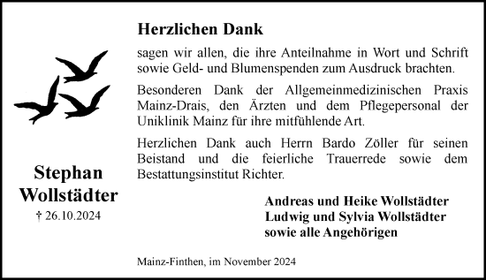 Traueranzeige von Stephan Wollstädter von Allgemeine Zeitung Mainz