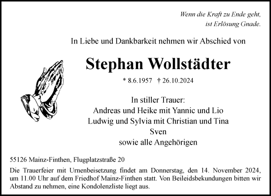 Traueranzeige von Stephan Wollstädter von Allgemeine Zeitung Mainz