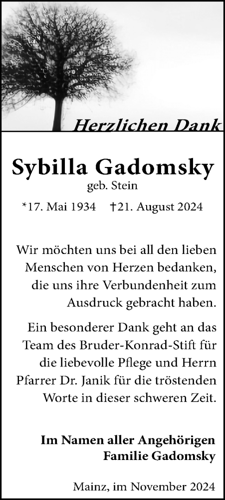 Traueranzeige von Sybilla Gadomsky von Allgemeine Zeitung Mainz