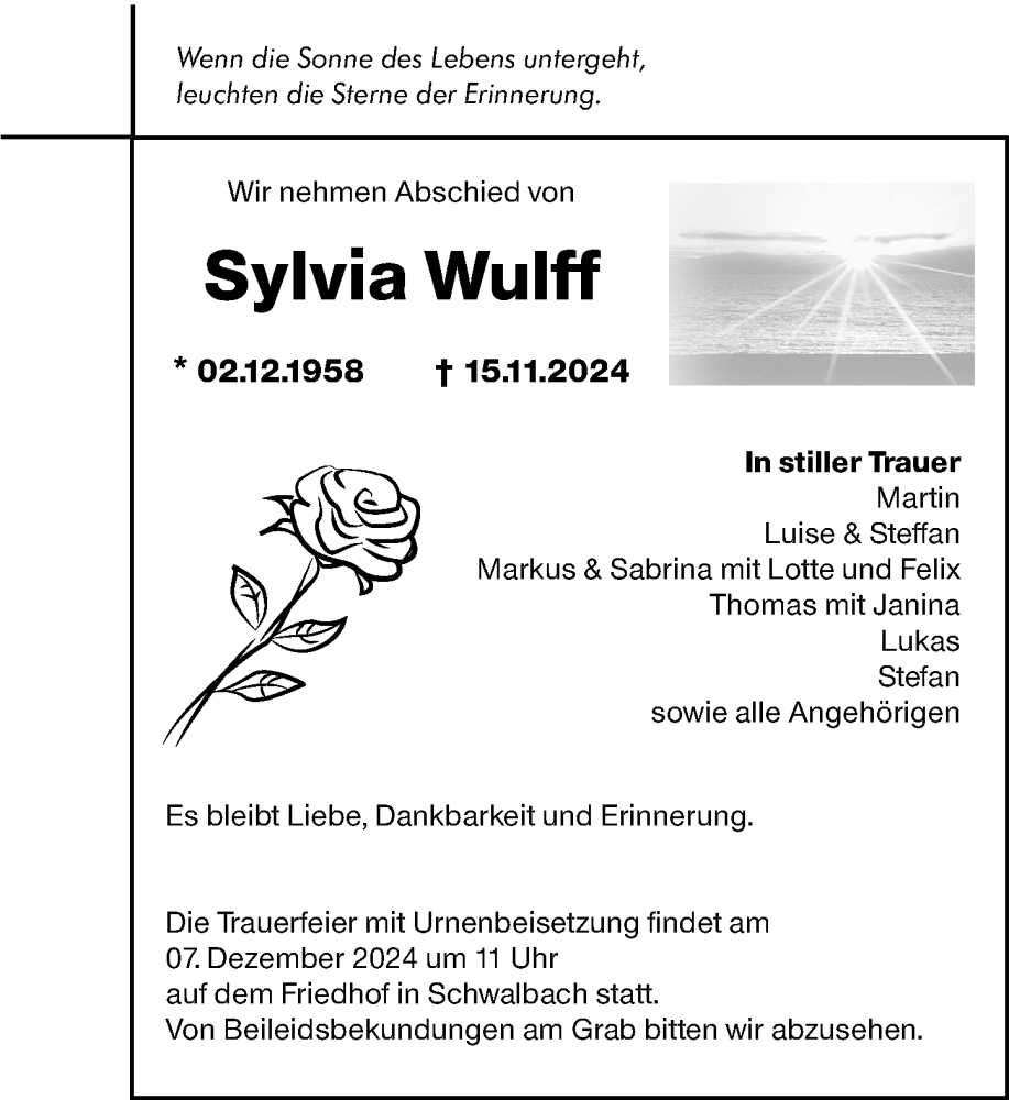  Traueranzeige für Sylvia Wulff vom 27.11.2024 aus Wetzlarer Neue Zeitung