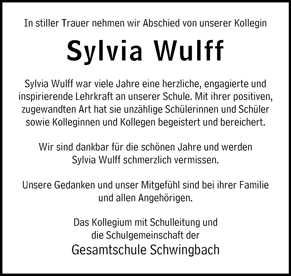  Traueranzeige für Sylvia Wulff vom 30.11.2024 aus Wetzlarer Neue Zeitung