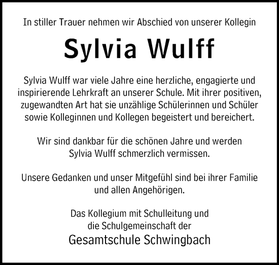 Traueranzeige von Sylvia Wulff von Wetzlarer Neue Zeitung