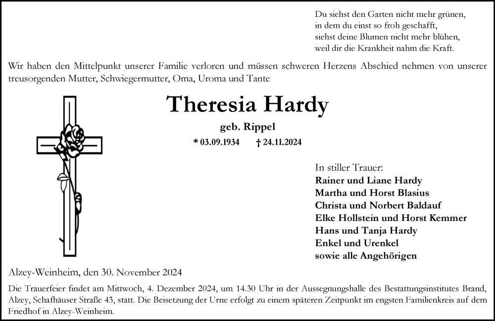  Traueranzeige für Theresia Hardy vom 30.11.2024 aus Allgemeine Zeitung Alzey