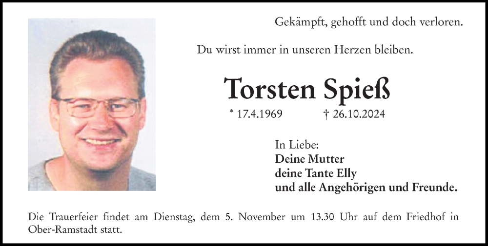  Traueranzeige für Torsten Spieß vom 02.11.2024 aus Darmstädter Echo