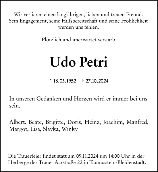 Traueranzeige von Udo Petri von Idsteiner Land/Untertaunus