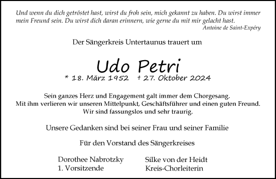 Traueranzeige von Udo Petri von Idsteiner Land/Untertaunus