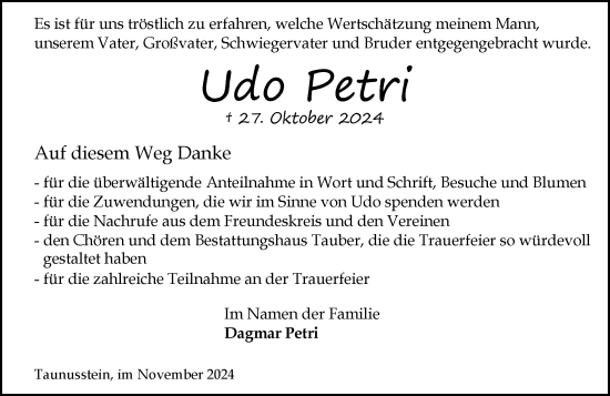 Traueranzeige von Udo Petri von Idsteiner Land/Untertaunus