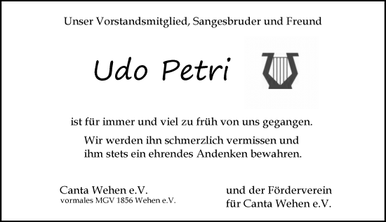 Traueranzeige von Udo Petri von Idsteiner Land/Untertaunus