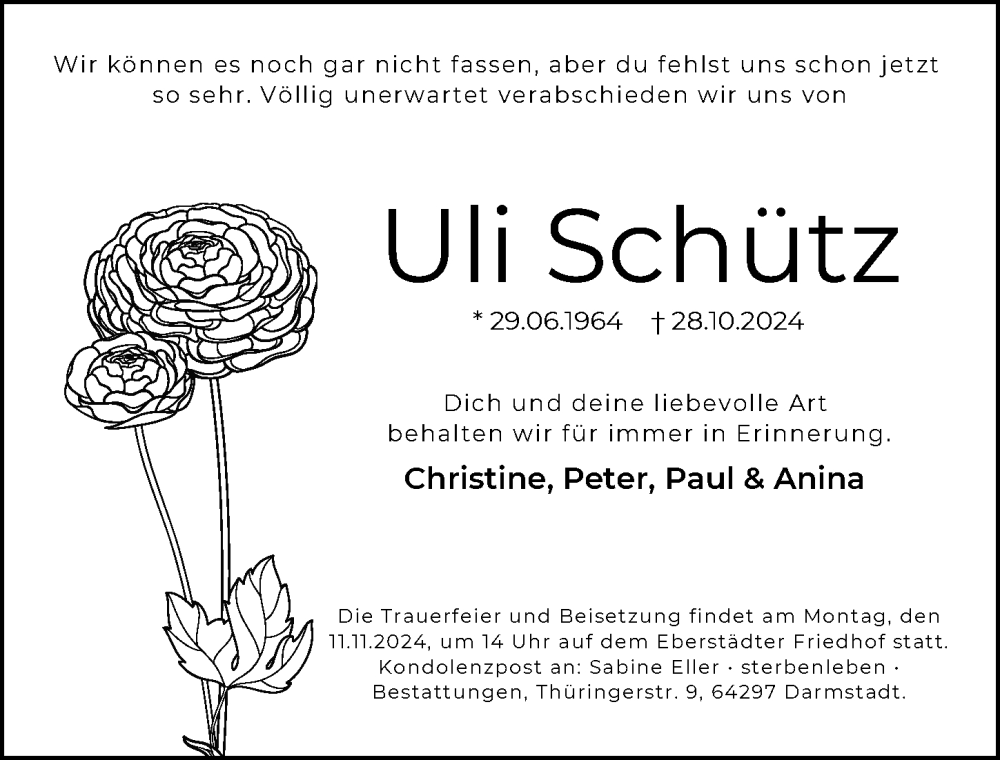  Traueranzeige für Uli Schütz vom 02.11.2024 aus Darmstädter Echo