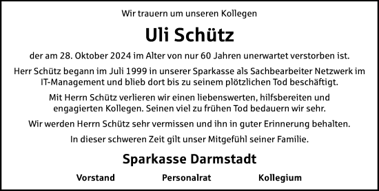 Traueranzeige von Uli Schütz von Darmstädter Echo
