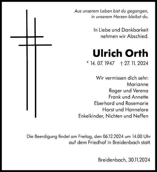 Traueranzeige von Ulrich Orth von Hinterländer Anzeiger