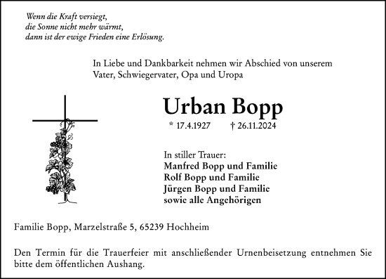 Traueranzeige von Urban Bopp von Hochheimer Zeitung