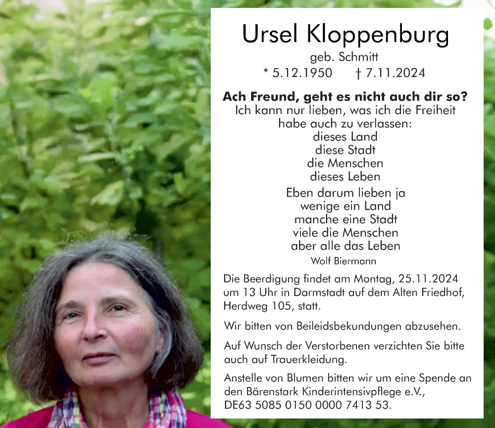  Traueranzeige für Ursel Kloppenburg vom 16.11.2024 aus Darmstädter Echo