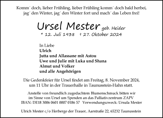 Traueranzeige von Ursel Mester von Wiesbadener Kurier
