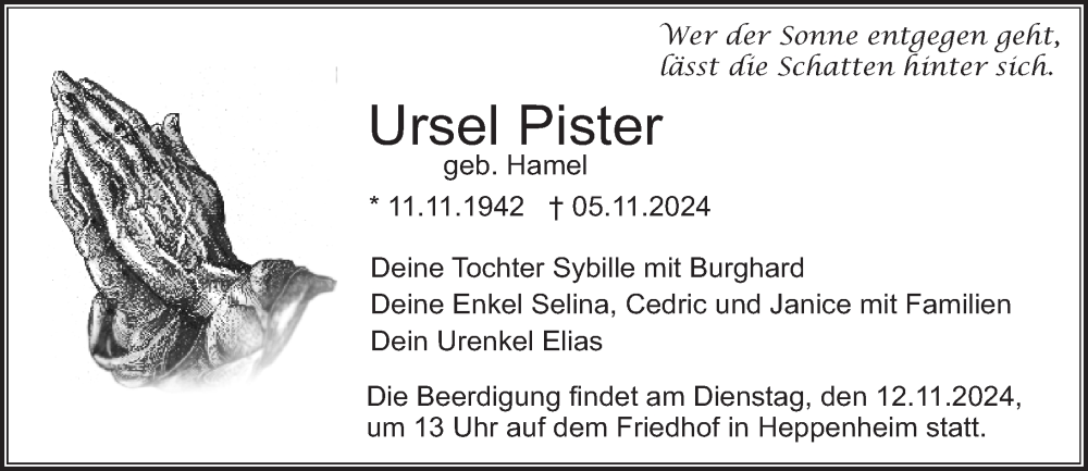  Traueranzeige für Ursel Pister vom 11.11.2024 aus Starkenburger Echo