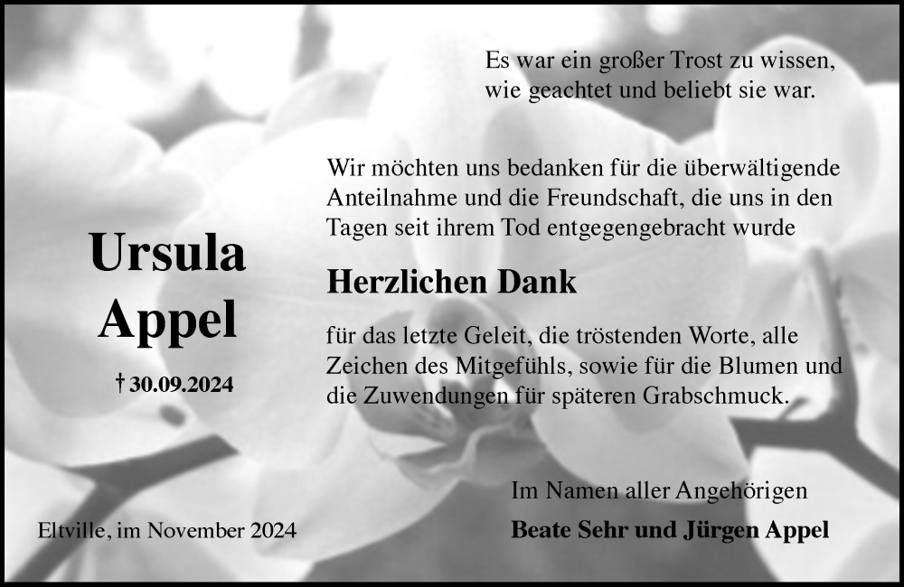 Traueranzeige für Ursula Appel vom 02.11.2024 aus Wiesbadener Kurier