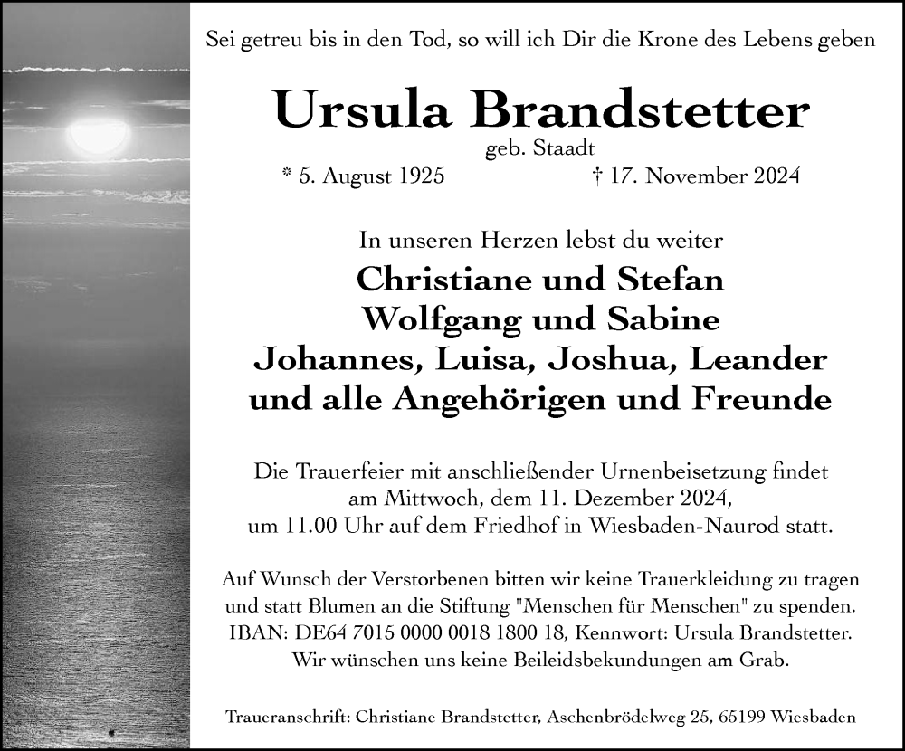  Traueranzeige für Ursula Brandstetter vom 30.11.2024 aus Wiesbadener Kurier