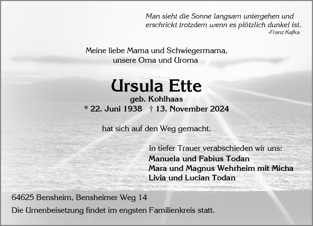  Traueranzeige für Ursula Ette vom 30.11.2024 aus Wiesbadener Kurier