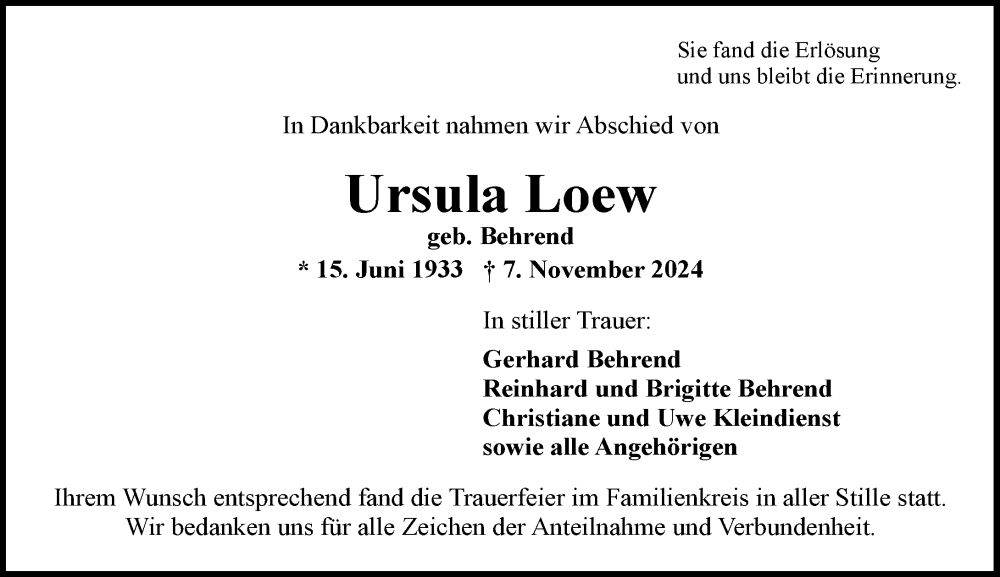 Traueranzeige für Ursula Loew vom 30.11.2024 aus Wiesbadener Kurier