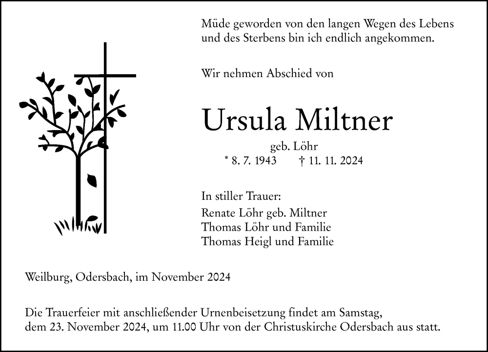  Traueranzeige für Ursula Miltner vom 16.11.2024 aus Weilburger Tageblatt