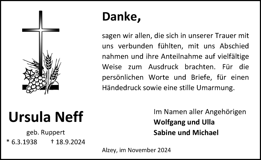  Traueranzeige für Ursula Neff vom 09.11.2024 aus Allgemeine Zeitung Alzey