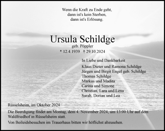 Traueranzeige von Ursula Schildge von Rüsselsheimer Echo