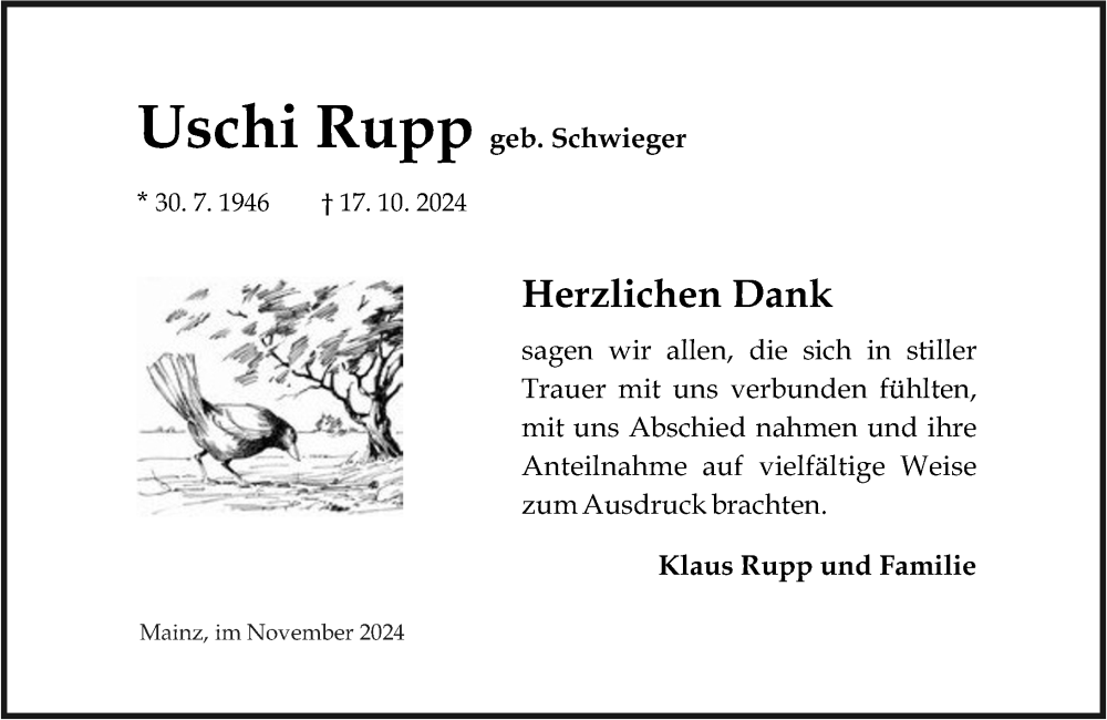  Traueranzeige für Uschi Rupp vom 09.11.2024 aus Allgemeine Zeitung Mainz