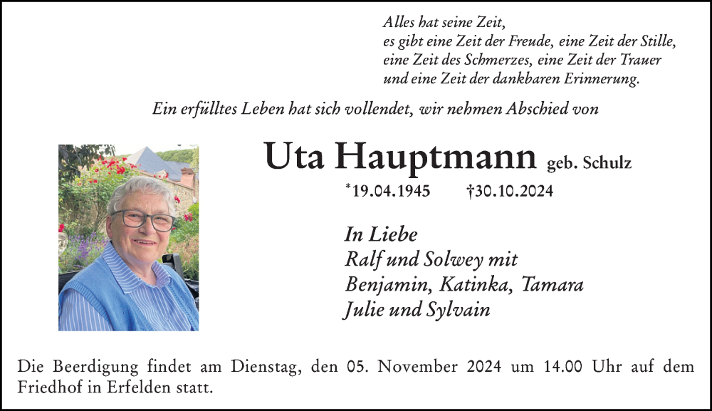  Traueranzeige für Uta Hauptmann vom 02.11.2024 aus Groß-Gerauer Echo
