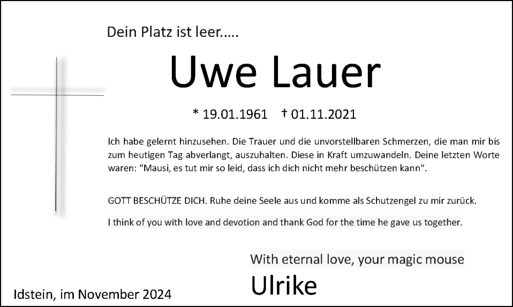 Traueranzeige für Uwe Lauer vom 01.11.2024 aus Wiesbadener Kurier