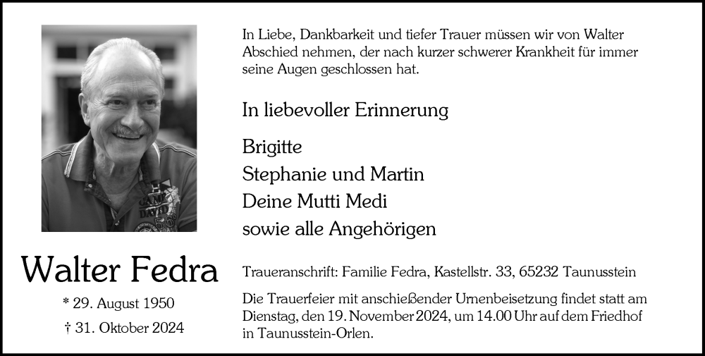  Traueranzeige für Walter Fedra vom 09.11.2024 aus Wiesbadener Kurier