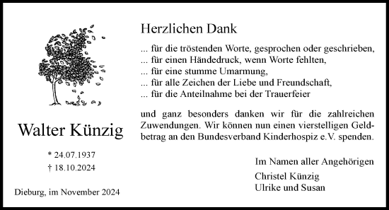Traueranzeige von Walter Künzig von Dieburger Anzeiger/Groß-Zimmerner Lokal-Anzeiger