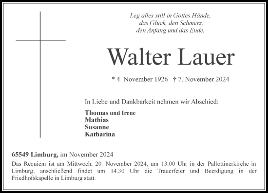 Traueranzeige von Walter Lauer von Nassauische Neue Presse