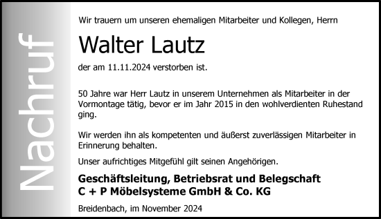 Traueranzeige von Walter Lautz von Hinterländer Anzeiger