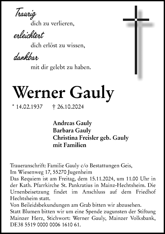 Traueranzeige von Werner Gauly von Allgemeine Zeitung Mainz