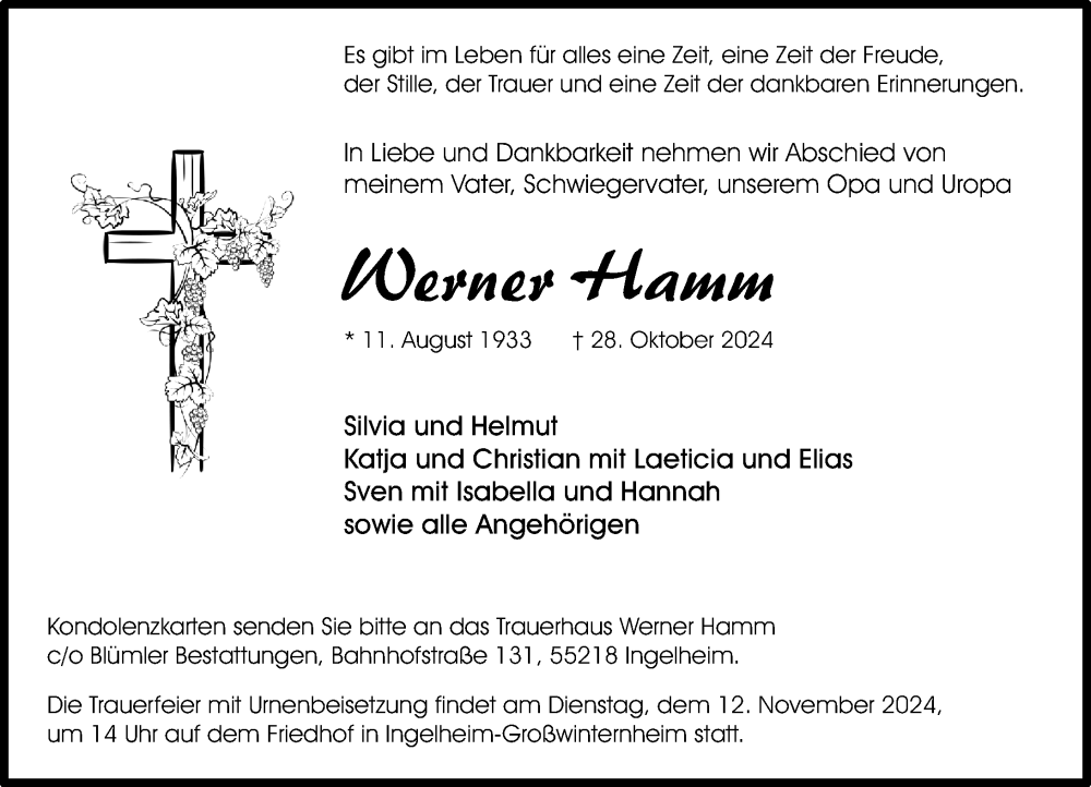  Traueranzeige für Werner Hamm vom 09.11.2024 aus Allgemeine Zeitung Rheinhessen-Nahe