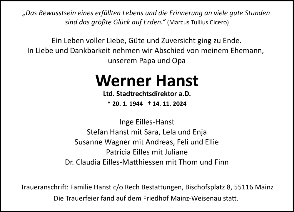 Traueranzeige für Werner Hanst vom 30.11.2024 aus Allgemeine Zeitung Mainz