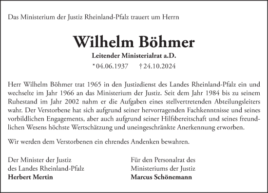 Traueranzeige von Wilhelm Böhmer von Allgemeine Zeitung Mainz