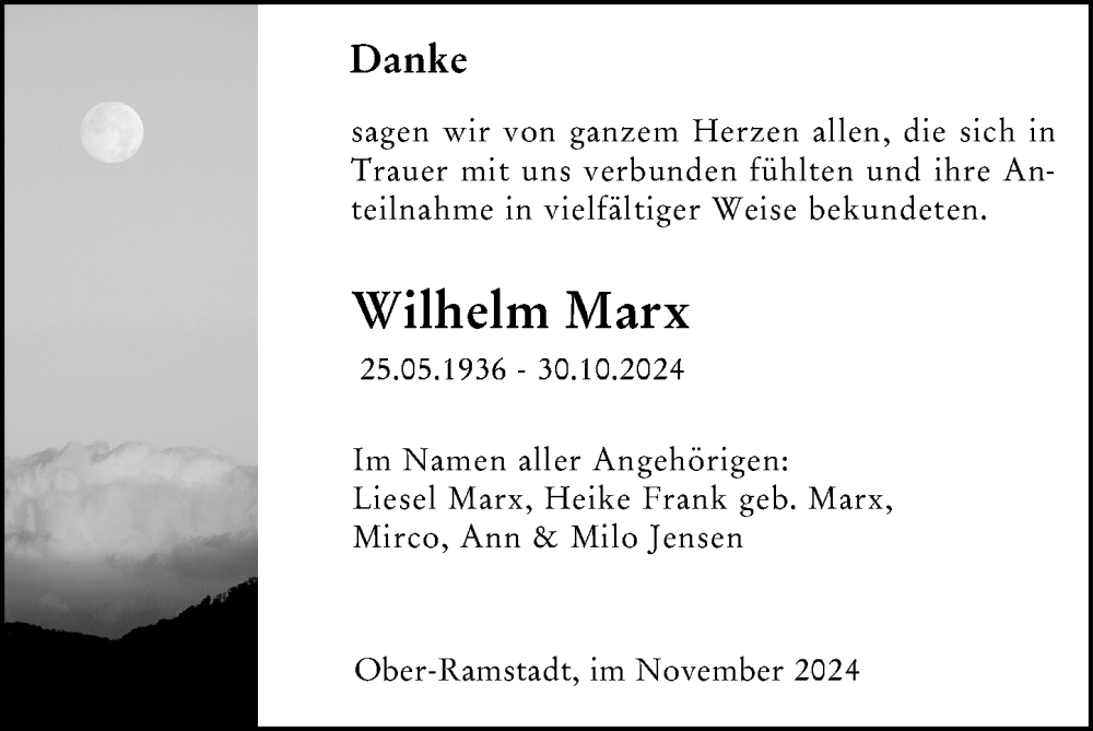 Traueranzeige für Wilhelm Marx vom 23.11.2024 aus Darmstädter Echo