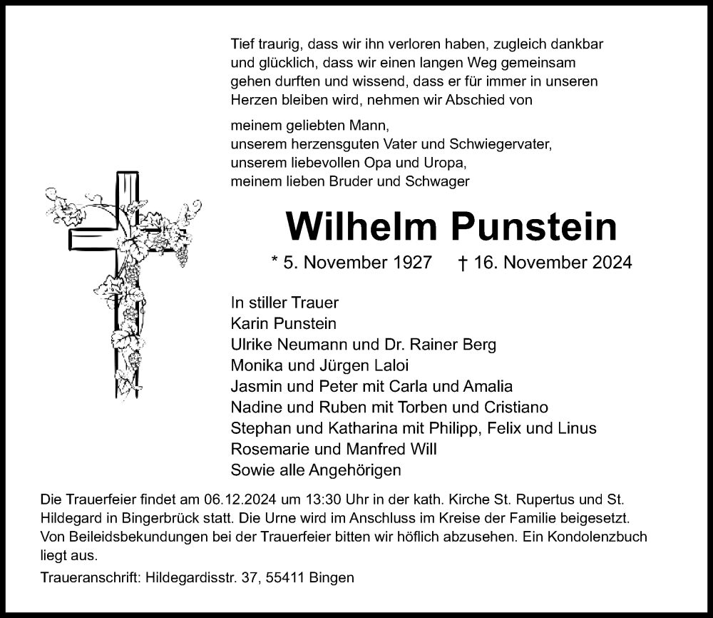  Traueranzeige für Wilhelm Punstein vom 30.11.2024 aus Allgemeine Zeitung Rheinhessen-Nahe