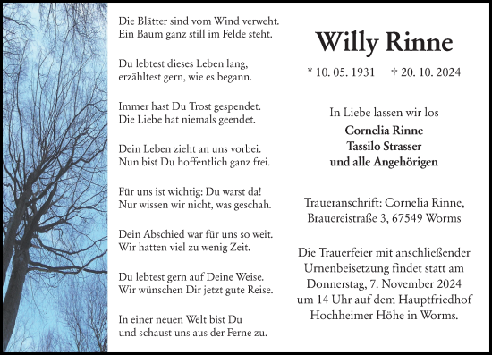 Traueranzeige von Willy Rinne von Wormser Zeitung
