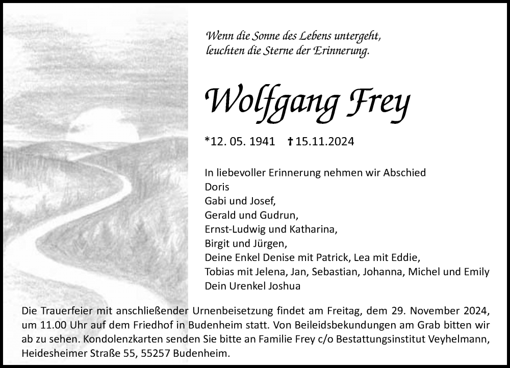  Traueranzeige für Wolfgang Frey vom 23.11.2024 aus Allgemeine Zeitung Mainz