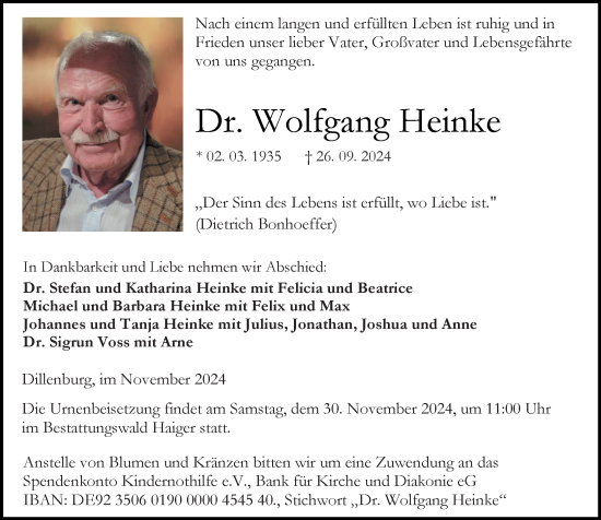 Traueranzeige von Wolfgang Heinke von Dill Block