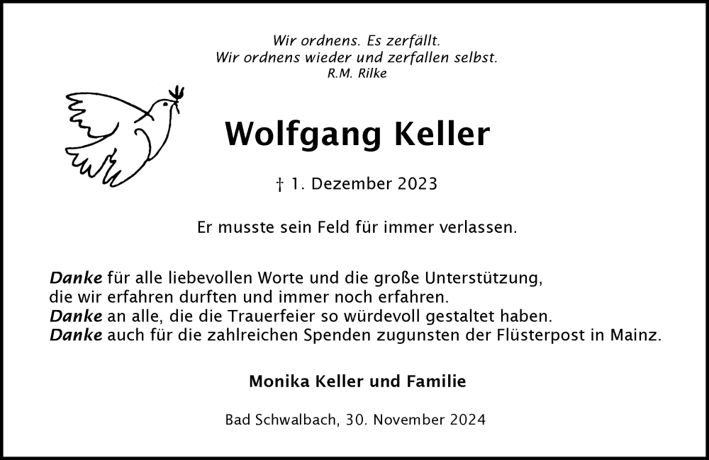  Traueranzeige für Wolfgang Keller vom 30.11.2024 aus Wiesbadener Kurier