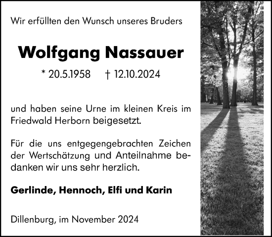 Traueranzeige von Wolfgang Nassauer von Dill Block