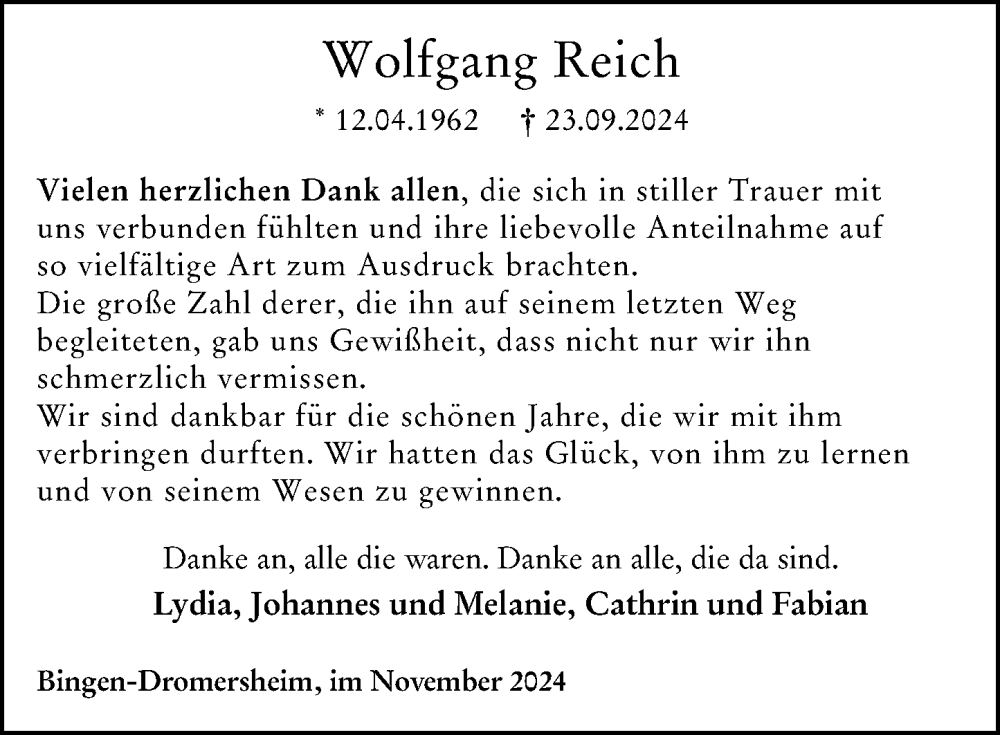  Traueranzeige für Wolfgang Reich vom 09.11.2024 aus Binger-/Ingelheimer Wochenblatt