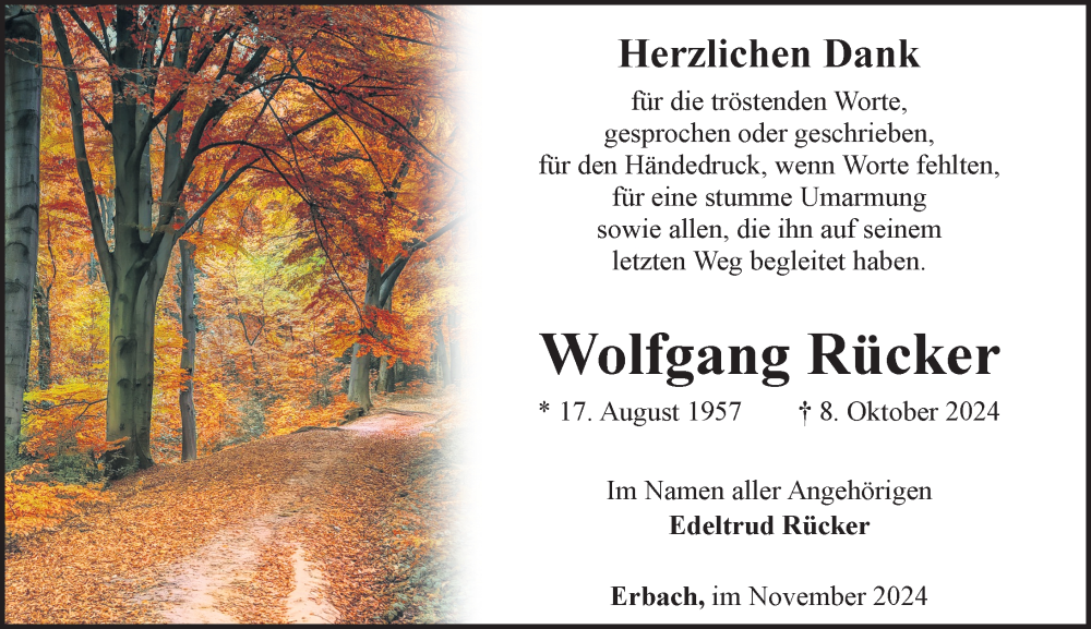  Traueranzeige für Wolfgang Rücker vom 14.11.2024 aus Camberger Anzeiger