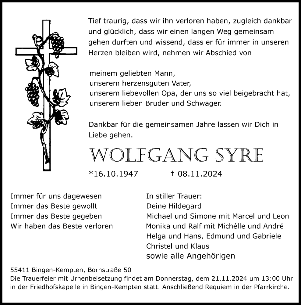  Traueranzeige für Wolfgang Syre vom 16.11.2024 aus Allgemeine Zeitung Rheinhessen-Nahe